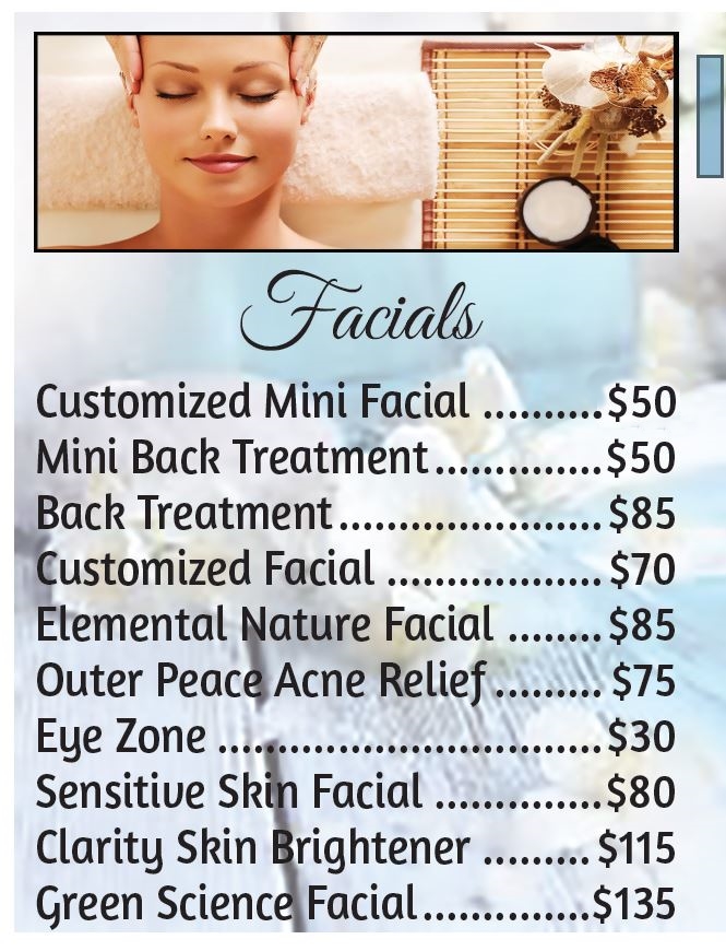Facial service options and prices at Five Points Massage