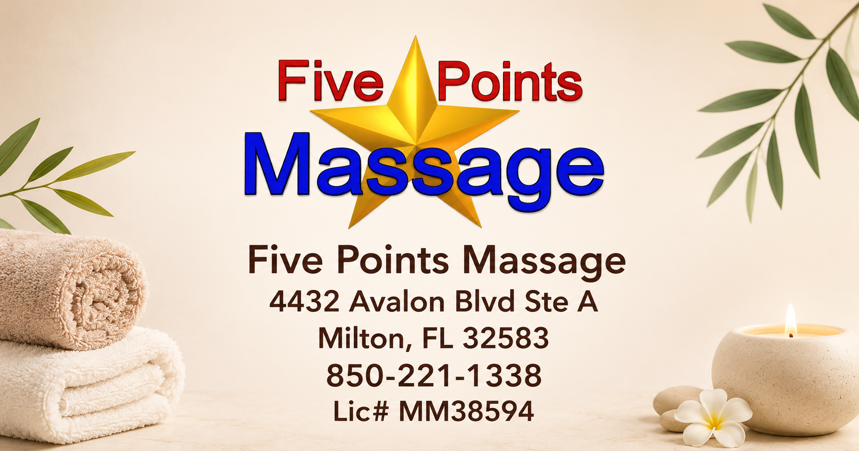 Five Points Massage, 4432 Avalon Blvd Ste A, Milton, FL 32583, 850-221-1338, Lic# MM38594